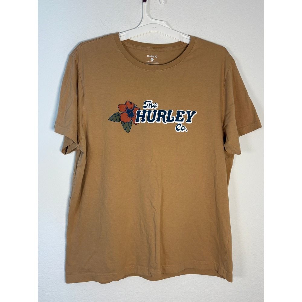 Hurley Graphic T-Shirt Mens XL Tan Brown Hibiscus Flower Surf Tee‎ Short Sleeve